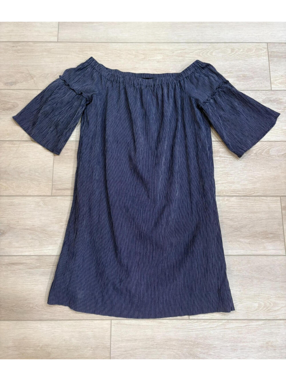 Madewell Shift Dress Size 2  Off The Shoulder Bell Sleeve Striped Navy Cotton